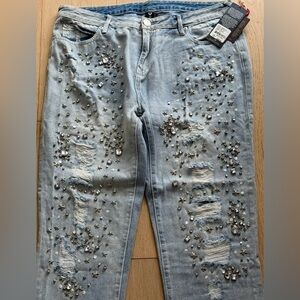 Audrey Slim Boyfriend Jeans 32 Crystal Star Hand Embellished Distressed NWT $369
